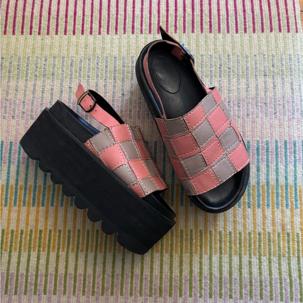 90s Vibes Pink and Gray Checkered Leather Platform Sandals
